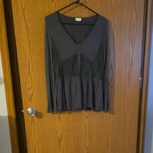 POL Charcoal V-Neck Blouse with Lace Detail